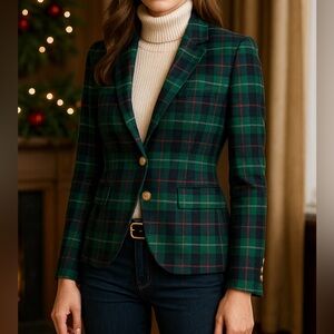 J.Crew Green Navy And Green Tartan Plaid Wool Blazer